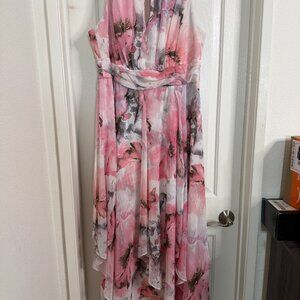 R&M Richards Woman Pink Floral Chiffon Maxi Gown Metallic Sleeveless Dress 16W